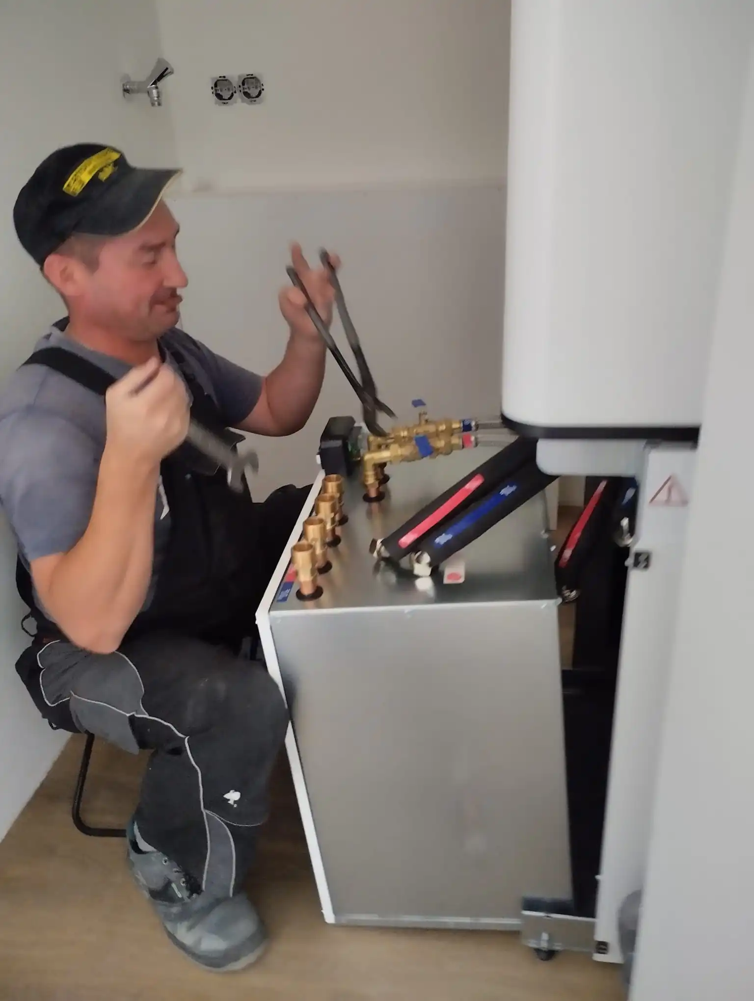 Close-up of a soldered copper pipe joint